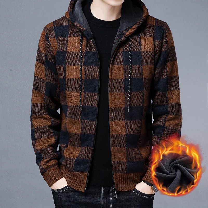 Mens sweater jacket fashionable winter coat wool hoodie high-quality plaid hoodie knitted cardigan wool sweater mens coat 241108
