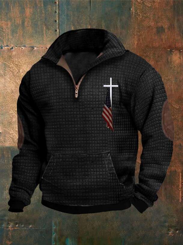 2023 Men's Casual Fashion Zipper Collar Waffle Printed Hoodie