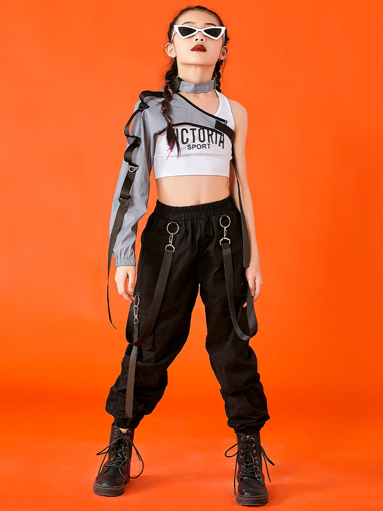 Hip Hop Dance Costumes For Kids Single Sleeve Tops Cargo Pants Kpop Outfits Girls Jazz Performance Stage Show Clothes DQS6676