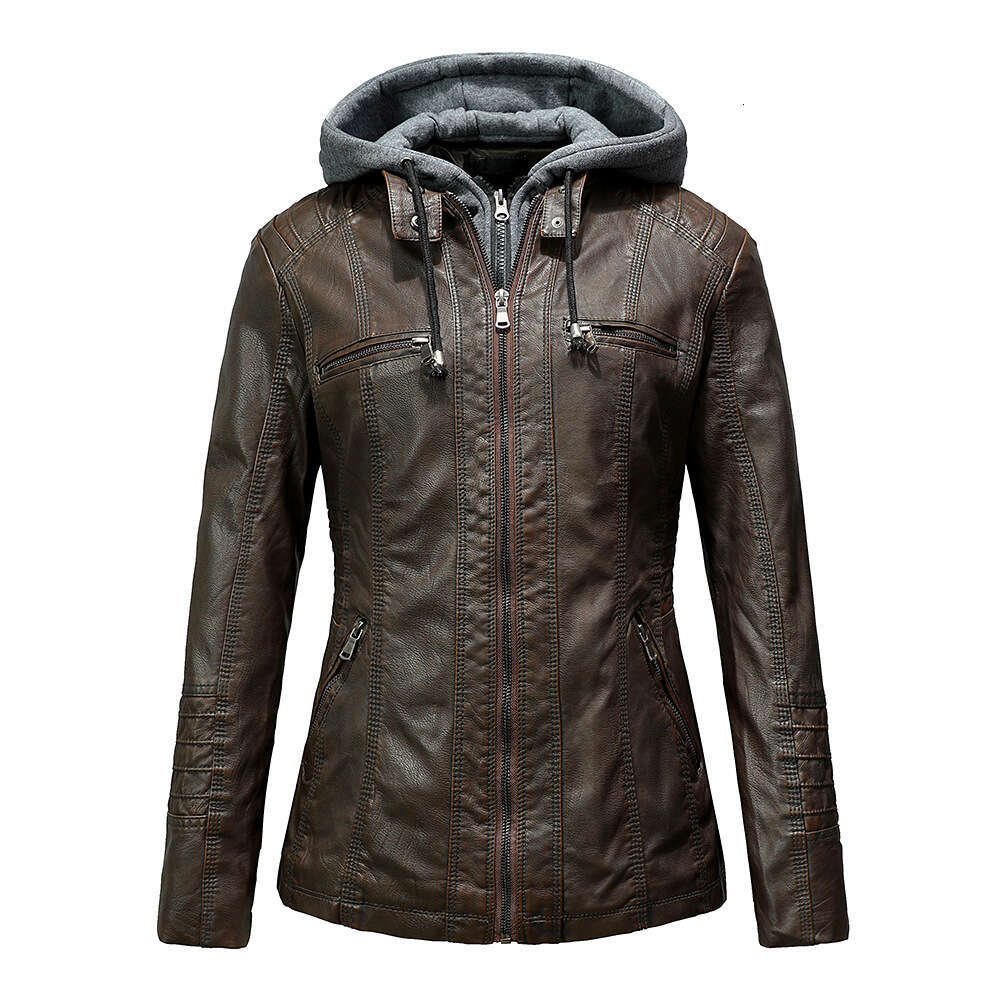 shanshi leather jacket women Long sleeved motorcycle PU women's short detachable hooded slim fit leather jacket