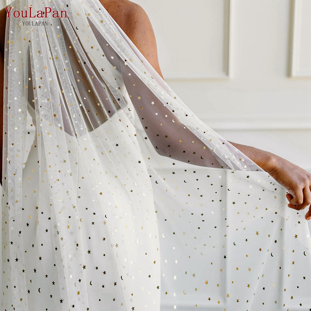 YouLaPan Sparkly Gold Star Draped Wedding Veil Sheer Long Bridal Veils with Comb Long Cathedral Wedding Veil for Bride V184