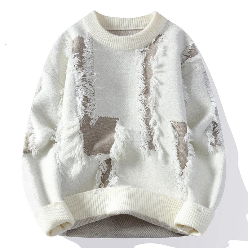 Ripped Sweater Mens Loose Crew Neck Knit Bottom Shirt Handsome Autumn Clothes on The Fashion Pullover 241111