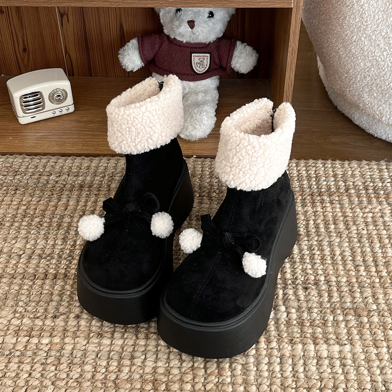 Women's Boots:Fashion Thick Sole Increase Height Snow Boots Winter New Trendy Fleece Warm,Black/Brown,Free shipping