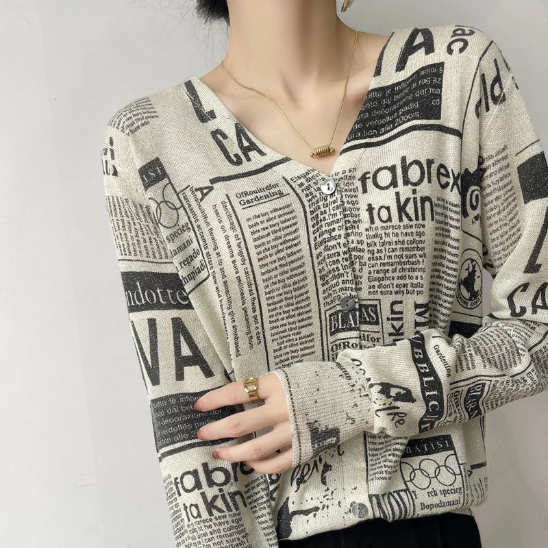 VNeck Knitted Cardigan Women Loose Short Letter Sweater Printed Bright Silk Fine Wool Thin Coat XZ hua bao 241111