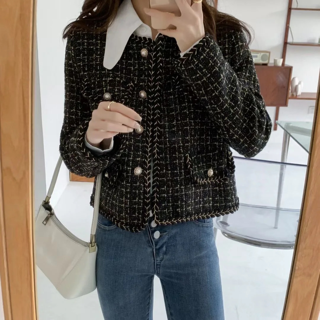 HMA Women Fashion Black Plaid Tweed Woolen Jacket Coat Vintage Long Sleeve Female Outerwear Chic Tops 241111