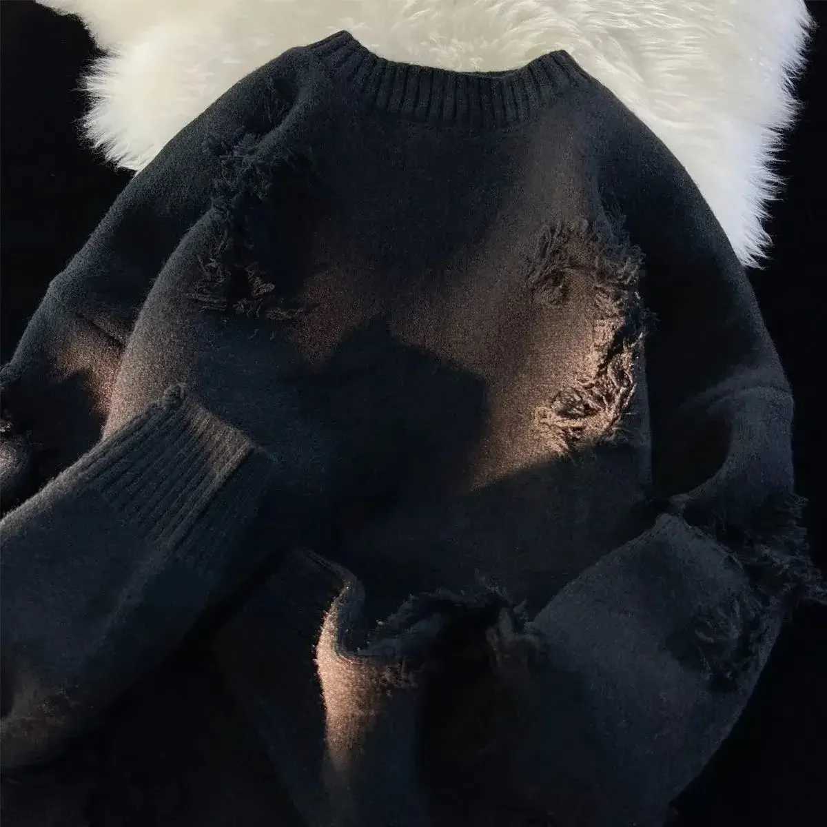 High Quality Broken Cross sweater mens fashion design feels casual trend winter loose thick lazy style knitted jacket T241111