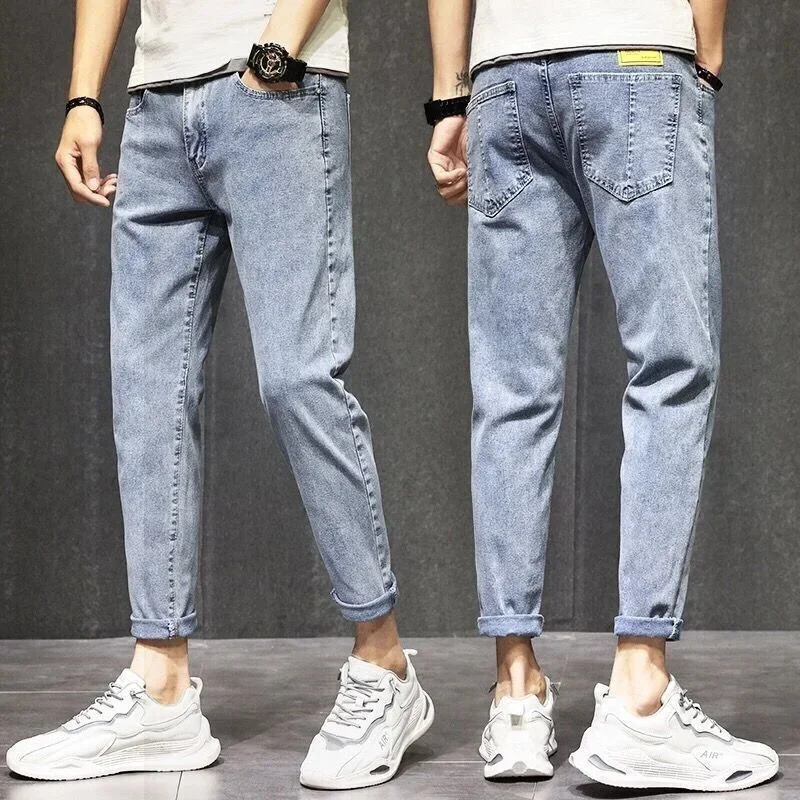 Mens elastic lightweight blue mens jeans stretch Trouser ultra-thin slim fit tight tube cutting trend Korean style 241108