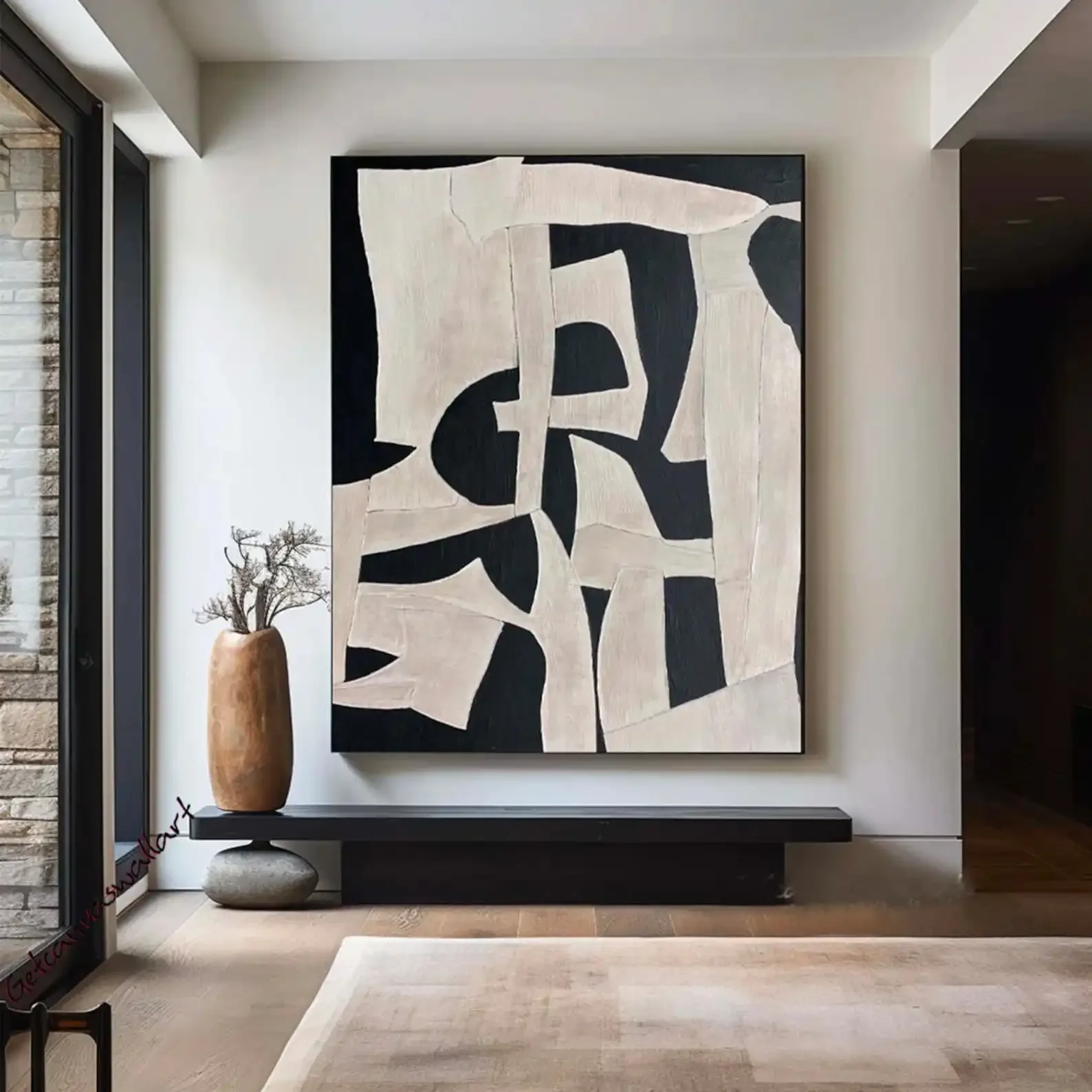 Beige Wabi Sabi Wall Art Black Beige Abstract Painting Handmade Minimalist Canvas Large Neutral Rich Textured Living Room Decor