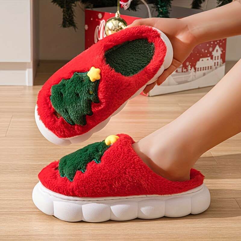 Comfy Christmas Tree Pattern Hollow Out Slides Soft, Non Slip, Thermal, Fuzzy, Casual, Indoor, Bedroom Shoes Men - Perfect for Cold Winter Days