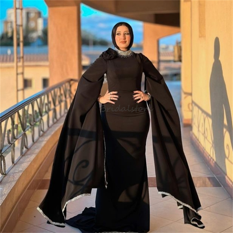 Moroccan Dubai Black Evening Dress With Beaded Sequin Elegant Islamic Muslim Prom Dress Mermaid Formal Party Special Occasion Dress Robe De Mariage Ve