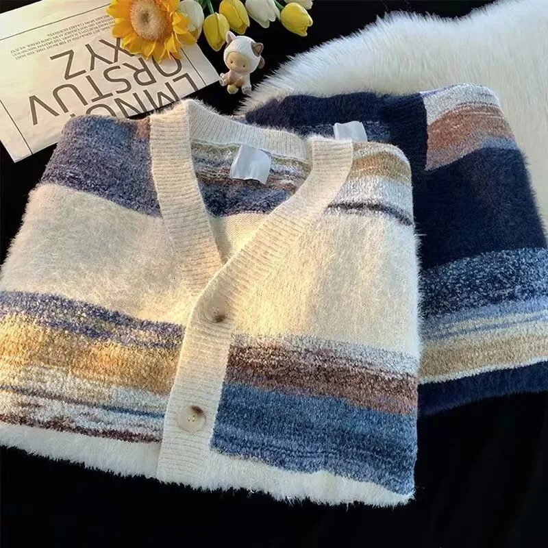 American Retro Lazy Striped Open Cardigan Knitted Sweater Jacket Loose Couple For Men And Women Casual VNeck Pullovers 241111