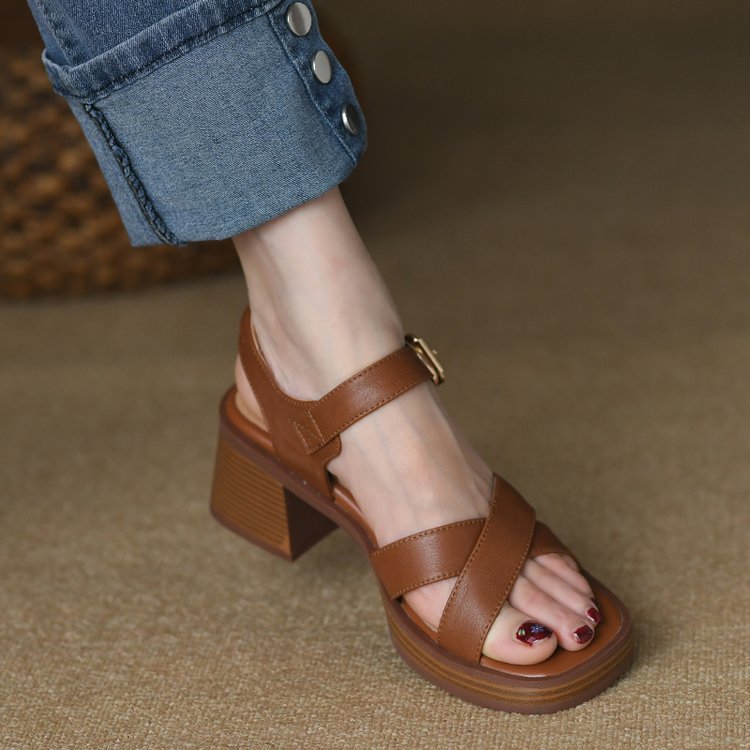 Summer Real Soft Leather Thick Heel Vintage Brown Sandals Women's Cross One Line Strap High Heel Mary Jane Sandals