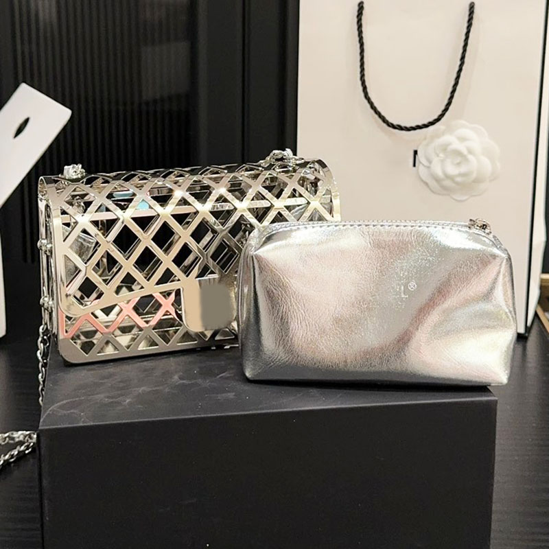 Women Designer Hollow out Silver Metal Dinner Bag Printed Letters Leather Mini Purse Silver Hardware Matelasse Chain Shiny Flap Shoulder Cross Handbag 18x10cm