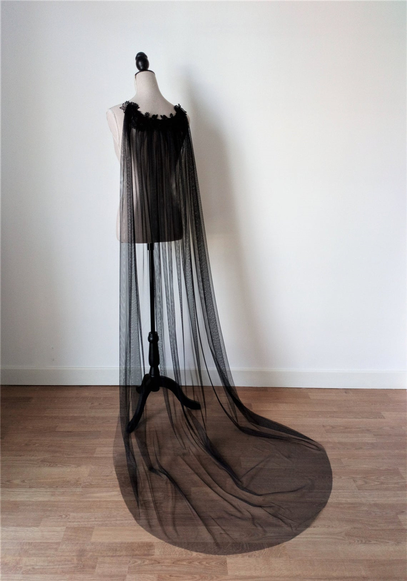 Black Angel Wings Bridal Cloak Wedding Shoulder Capes Veils Tulle Lace Appliques for Brides Women Long 2M 3 Metres
