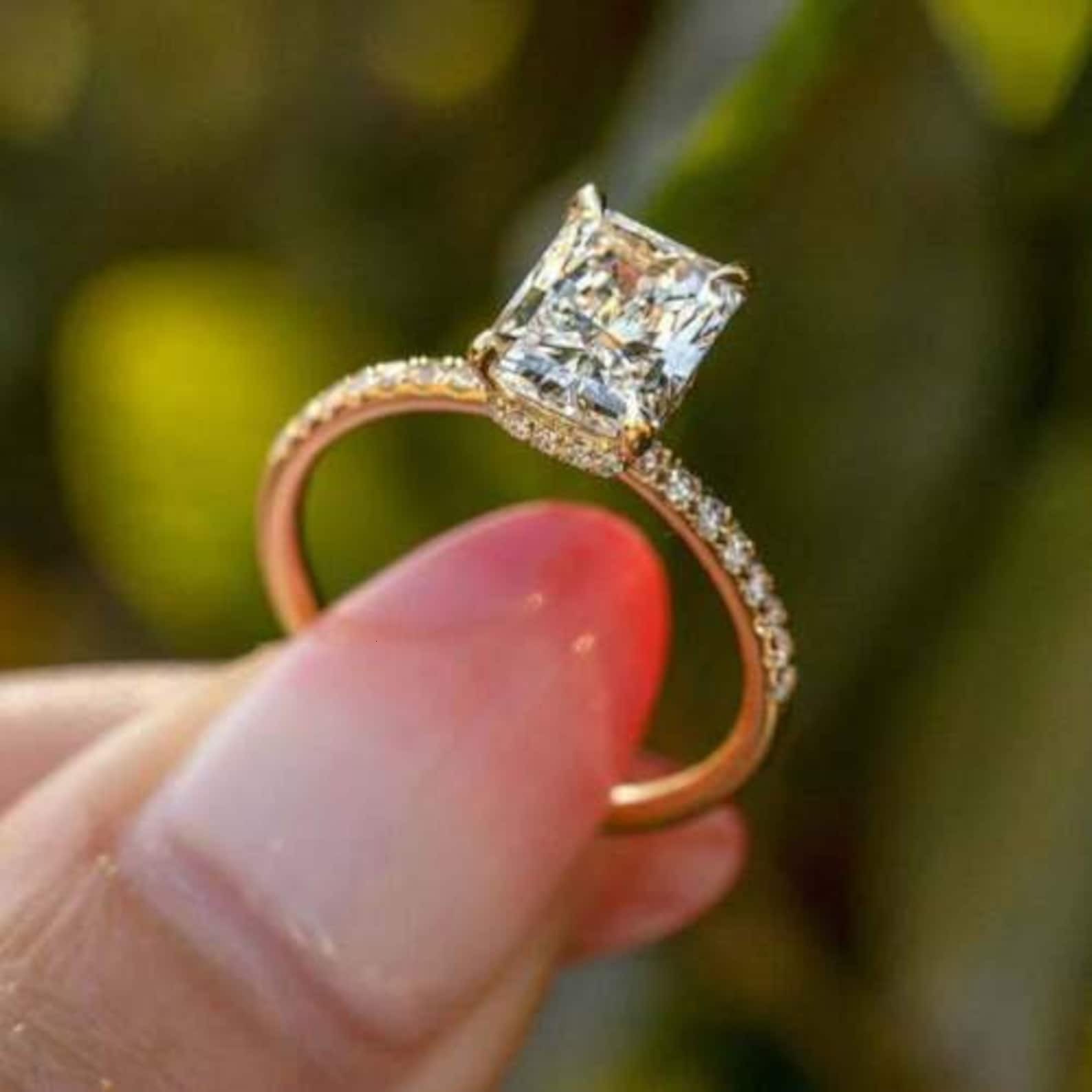 9.00X7.00 MM Radiant Cut Moissanite Hidden Halo Promise Engagement Ring Sterg Sier Minimalist Women's White 2 Pcs gorgeous