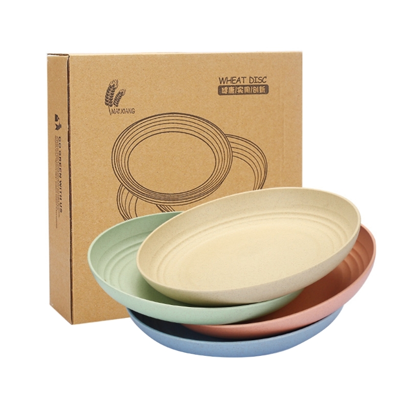 4 Pcs Reusable Camping Plates Round Dishes Wheat Straw Plates Unbreakable Microwaves Safe Dishes for Camping, Home