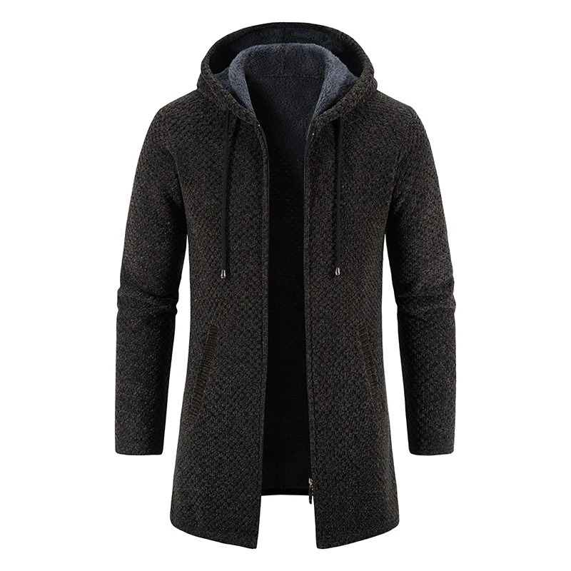 Mens Winter Trench Coat Long Knit Sweater Jacket Fleece Warm Hoodies Beige Business Casual Cardigan Zipper Jumper Overcoat 241108
