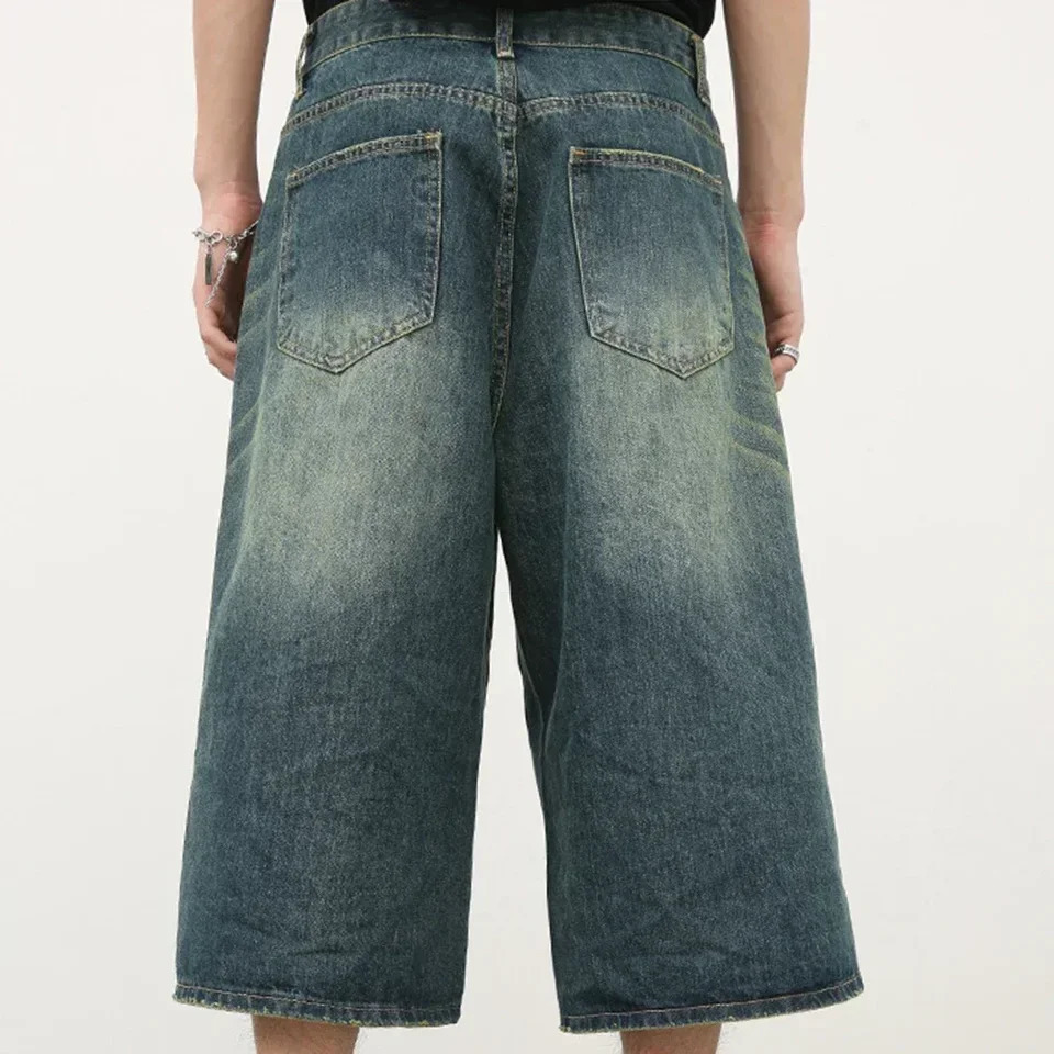 Mens retro Y2k loose fit slim shorts with wide legs and high waist washed knee jeans 241108