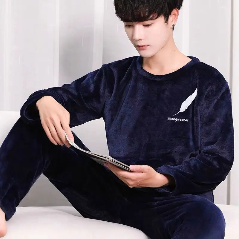 Cartoon Winter Pyjamas Sets Gent Long Sleeve Fashion Casual Sleepwear Round Neck Nightwear Suit Pajamas for Men 241111