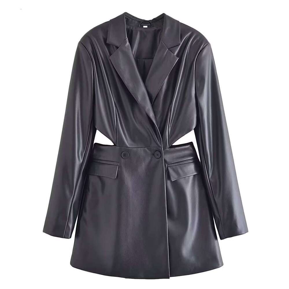 shanshi leather jacket women Spring New Product: Women's Waist Hollow out Imitation Leather Suit Coat Dress PU Short Skirt