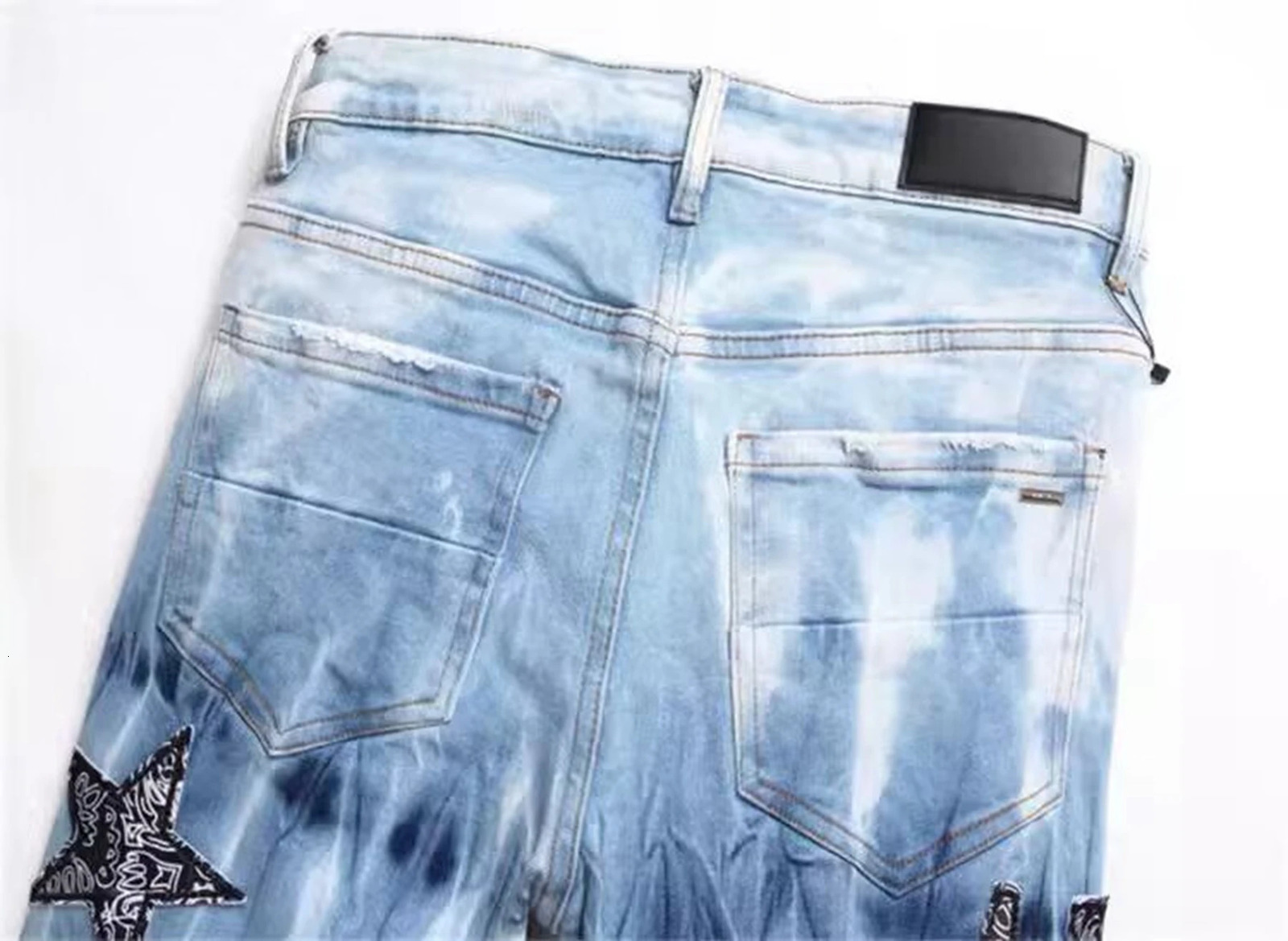 Y2K celebrity embroidered ripped jeans tie dyed light blue cotton stretch streetwear fashion mens tight denim pants 241108