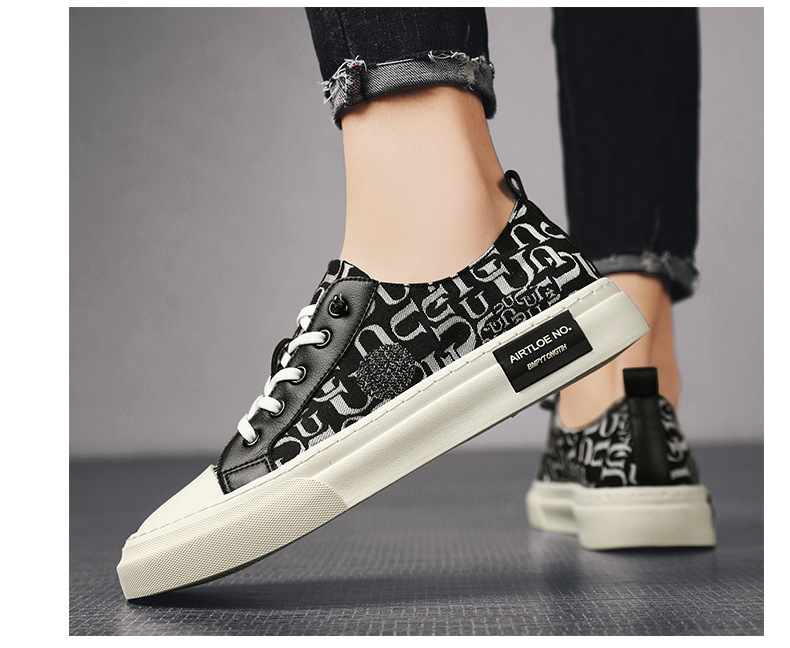 New Men Casual Shoes 2024 Spring Fashion Letter Print Leather Canvas Patchwork Flat Skateboard Shoes Street Cool Sneakers