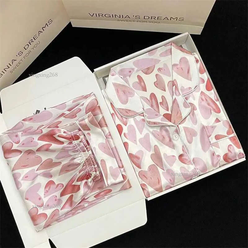 Women's Sleepwear Womens Pajamas Sets Spring Autumn 2 Piece Print Heart Pyjama Faux Silk Satin Sleepwear Long Sleeve Pijama Mujer Pjs Homewear Q5