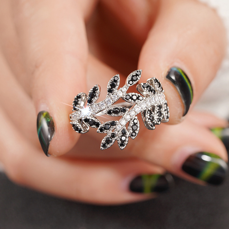 Ring fashion design black leaf diamond ring women white crystal ring white gold solitaire ring luxury jewelry