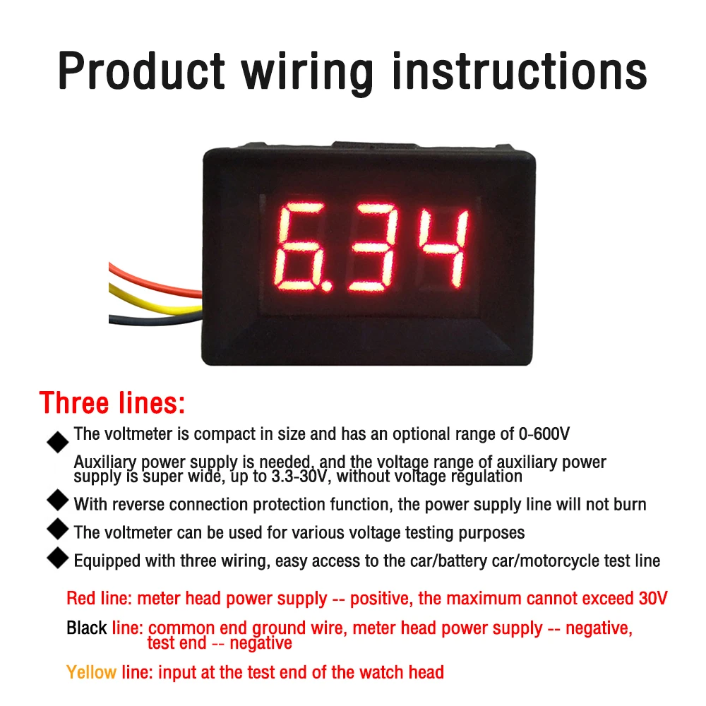 DC0-300/600V 0.36'' Digital Voltmeter Mini LED Car Voltage Detector 3 Wire 3 BitsVoltage Tester External DC3.3-30V Power Supply
