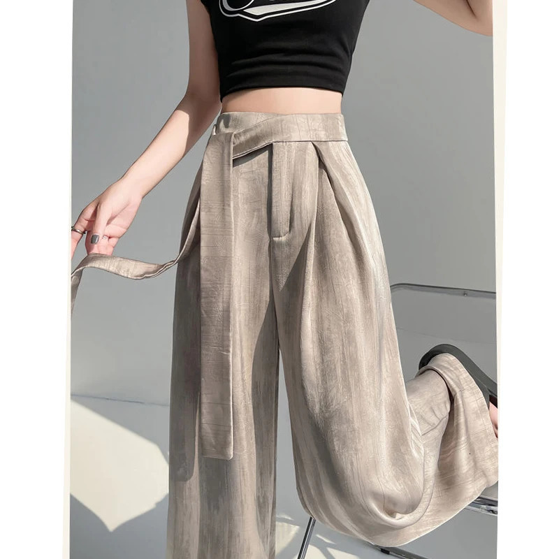 Women Satin Vintage Laceup Elegant Wide Leg Pants Y2K Female Chic High Waist Loose Straight Trousers Pantalones 241108