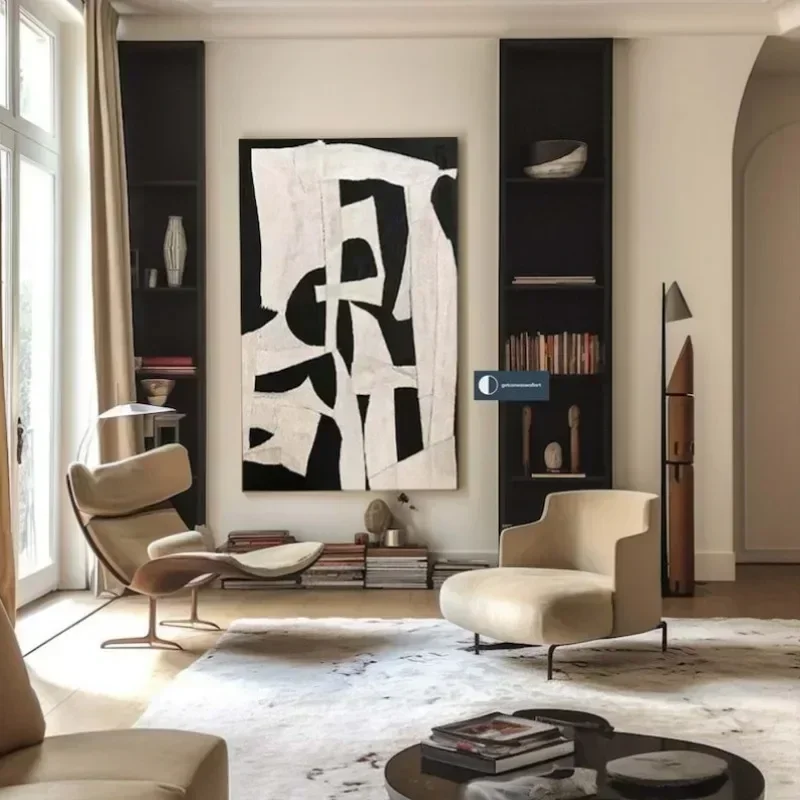Beige Wabi Sabi Wall Art Black Beige Abstract Painting Handmade Minimalist Canvas Large Neutral Rich Textured Living Room Decor
