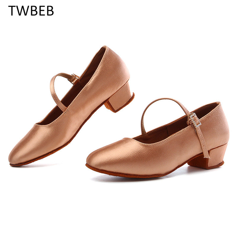 Women's Dance Shoes High Quality Satin Standard Dance Shoe Low Heel Tan Color Ballroom Dancing Shoes Child Shoes Female