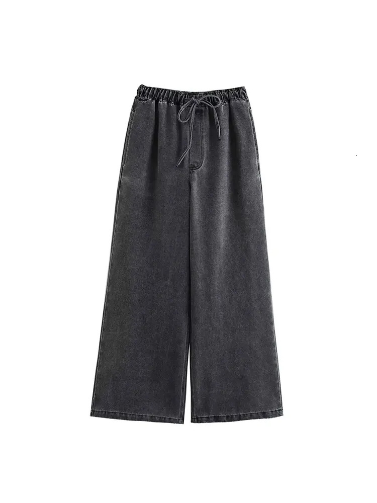 TRAF autumn Drawstring Wide Leg Pants Sets Women 2 Pieces Fashion Denim Top Suit Casual Two Piece Set Outfit 241111