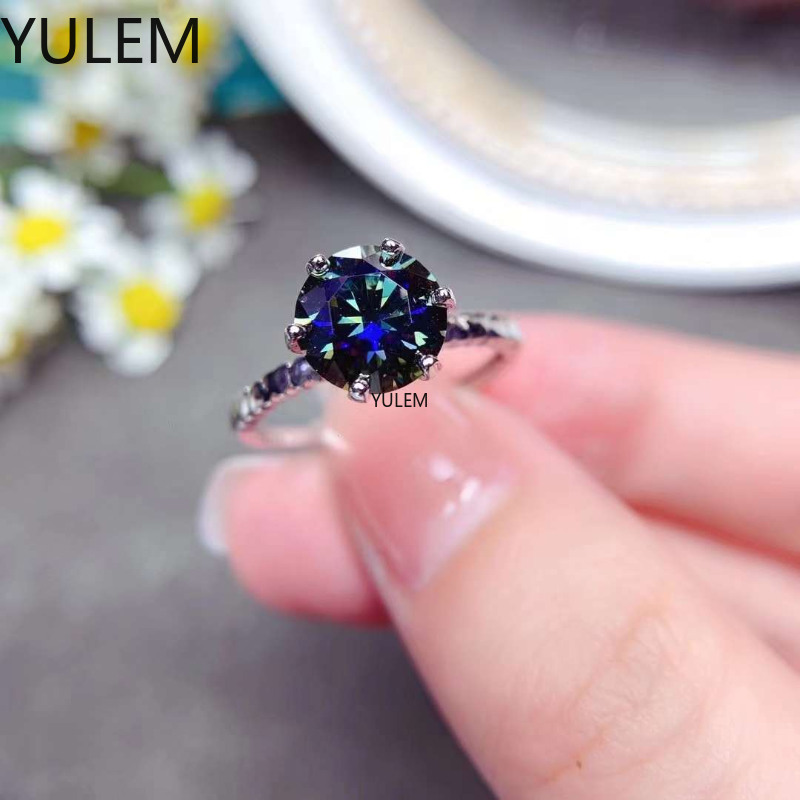 New 2CT Colorful Moissanite Diamond Solitaire Ring for Women Fine Jewelry 925 Sterling Silver Statement Engagement Wedding Gift