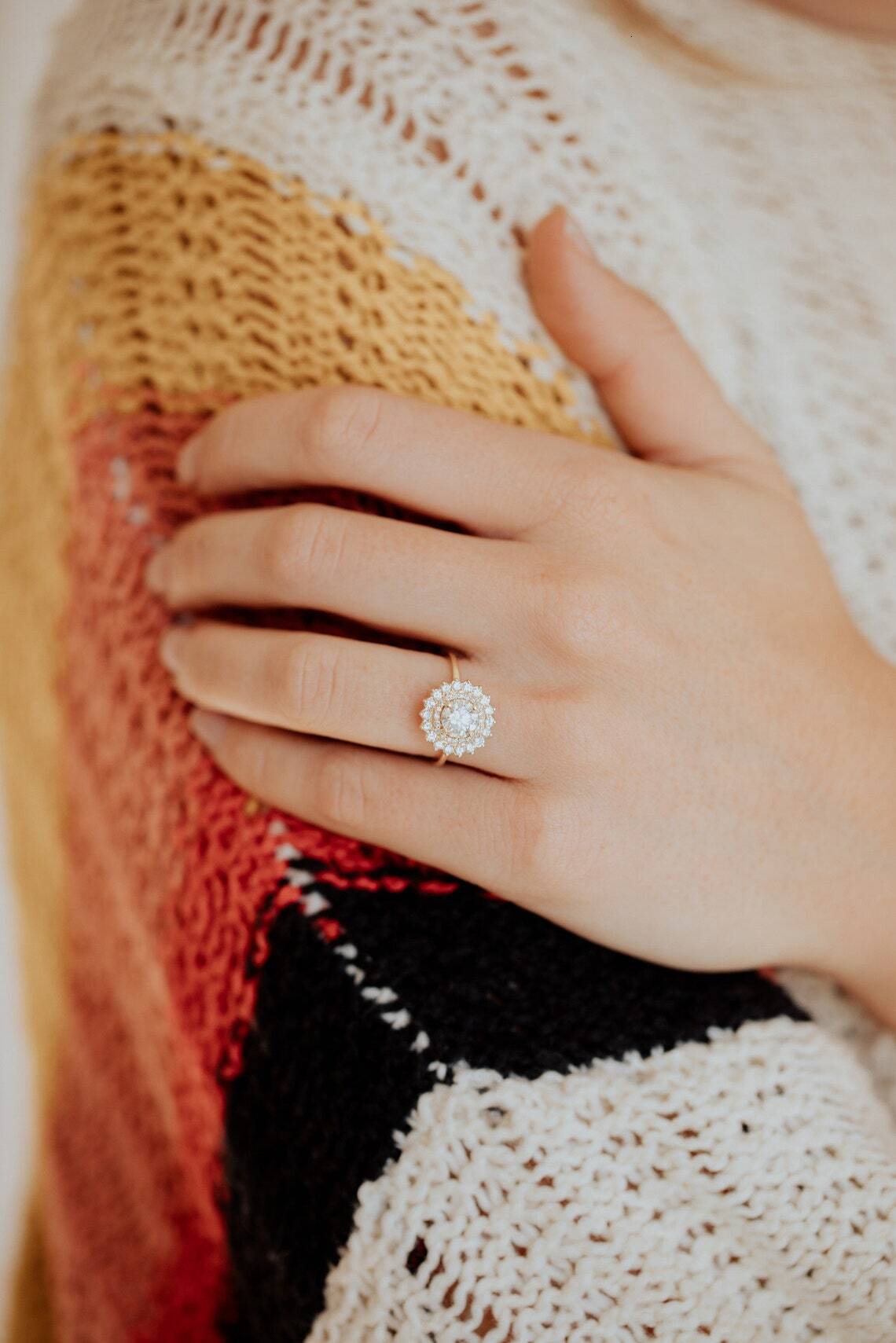 Engagement Moissanite 6mm Round DEF Dia Wedding Ring Double Halo wer Vintage Rose Gold Black Women's CLASSIC Lovers gorgeous