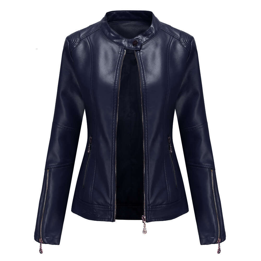 shanshi leather jacket women New fashion women's PU short stand collar Women's spring and autumn thin navy blue leather jacket