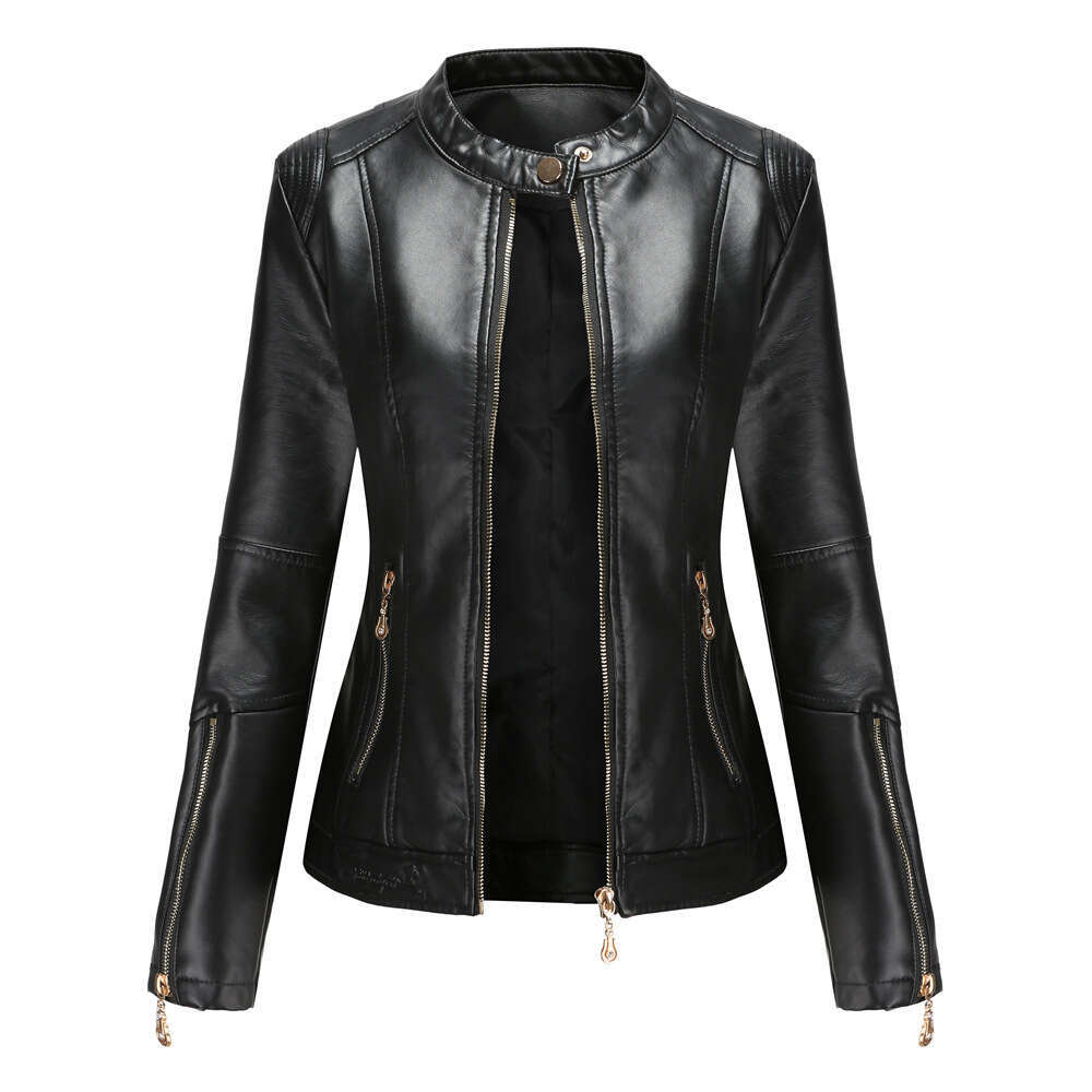 shanshi leather jacket women New fashion women's PU short stand collar Women's spring and autumn thin navy blue leather jacket