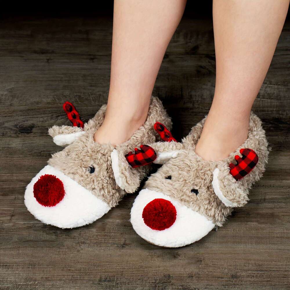 Christmas Comfortable Plush ed Cute Reindeer Design Slippers, Casual Slip On Shoes for Indoor Home Christmas