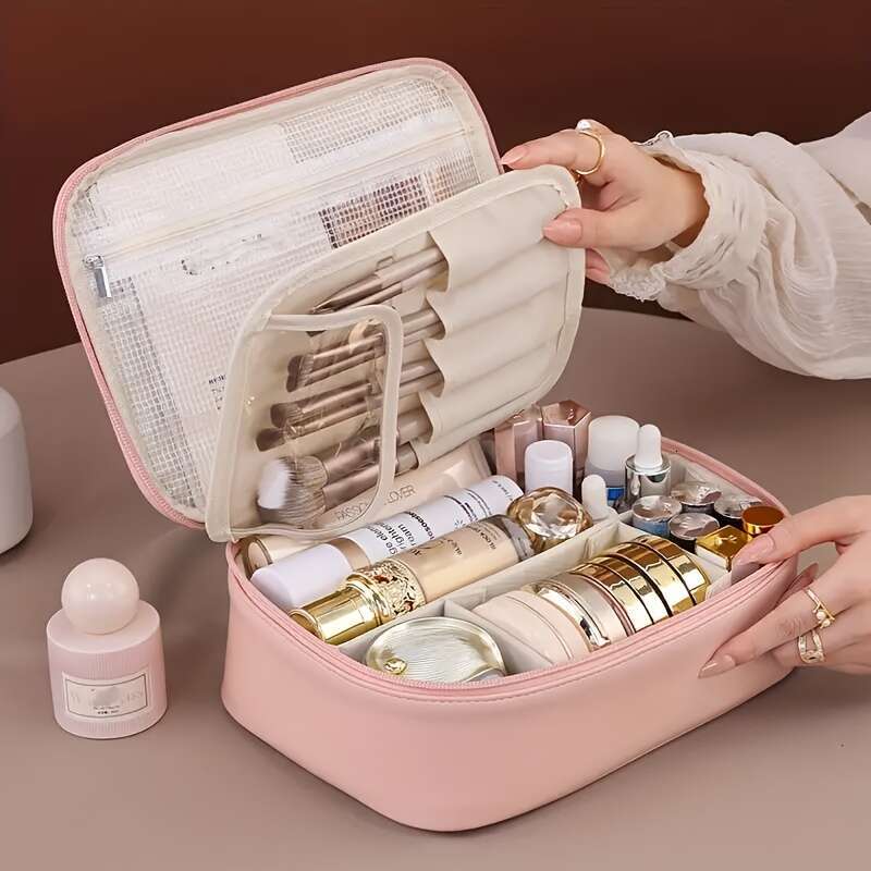 Large Capacity Cosmetic Bag, Faux Leather Makeup Organizer, Portable with Multiple Compartments, Durable PU Material, Easy to Clean Store, Perfect for