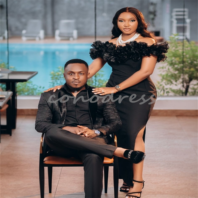 Nigeria African Mermaid Evening Dress Elegant Ruffles Off Shoulder Black Girls Prom Dress With Slit Dinner Party Gown Sexy Cocktail Birthday Wear Dinn