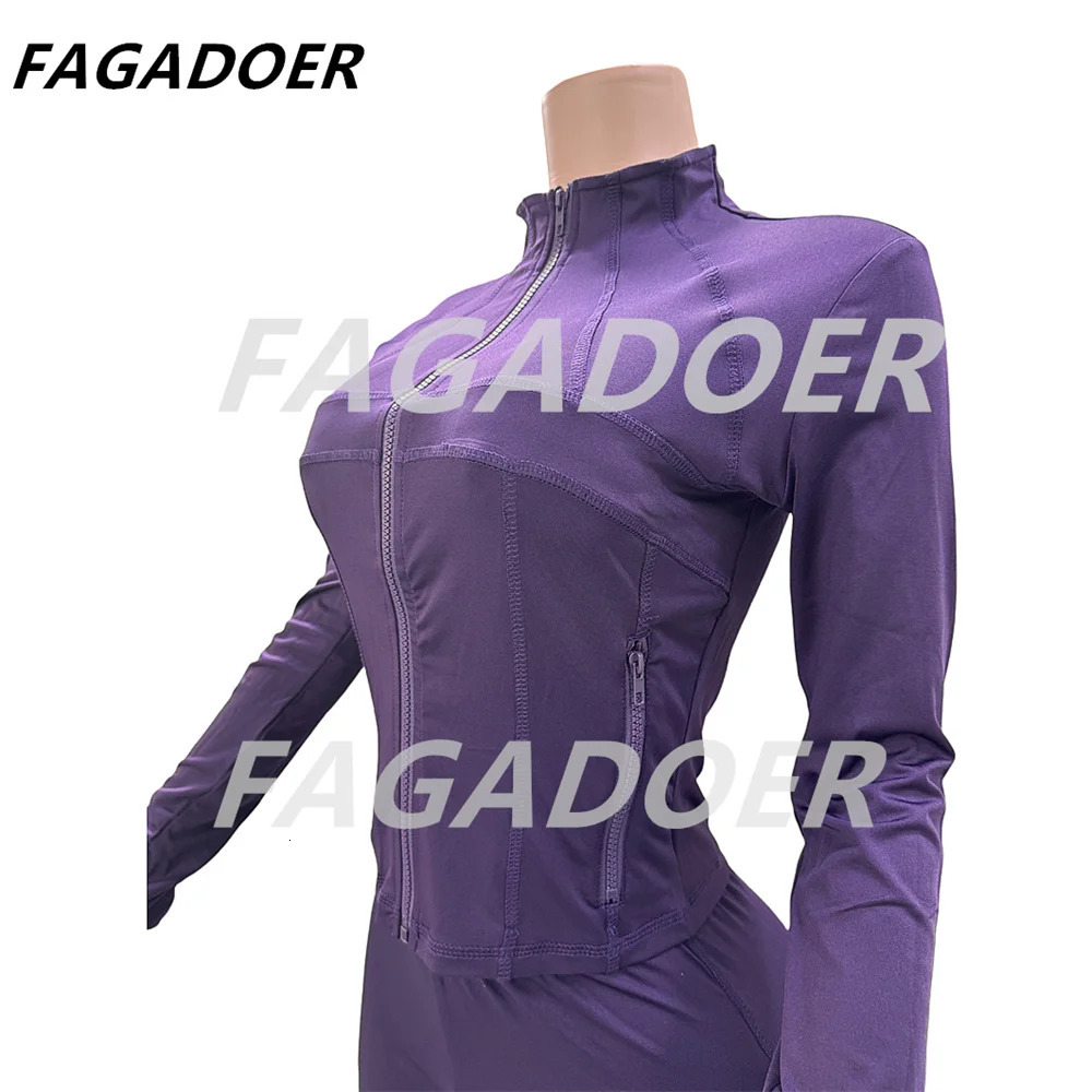 FAGADOER Solid Bodycon 2 Piece Sets Outfit Women Long Sleeve Zip Patchwork Jacket Top And Flare Pants Suits Autumn Streetwear 241111