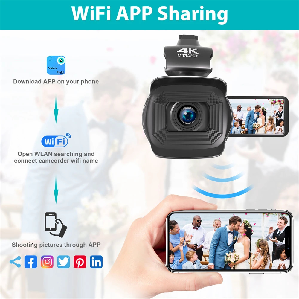 4K Camcorder Digital Video Camera For Live Stream WiFi Webcam 18X 64MP Vlog Recorder 4 Inch Rotate Screen 240407