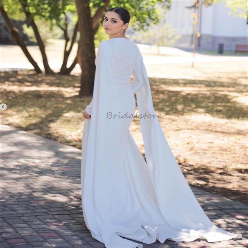 Saudi Arabic Dubai Wedding Dresses Fairy Caftan Long Sleeve Islamic Muslim Bride Dress Satin Forest Vestio De Novias Gelinlik Elegant Robe De Mariage 