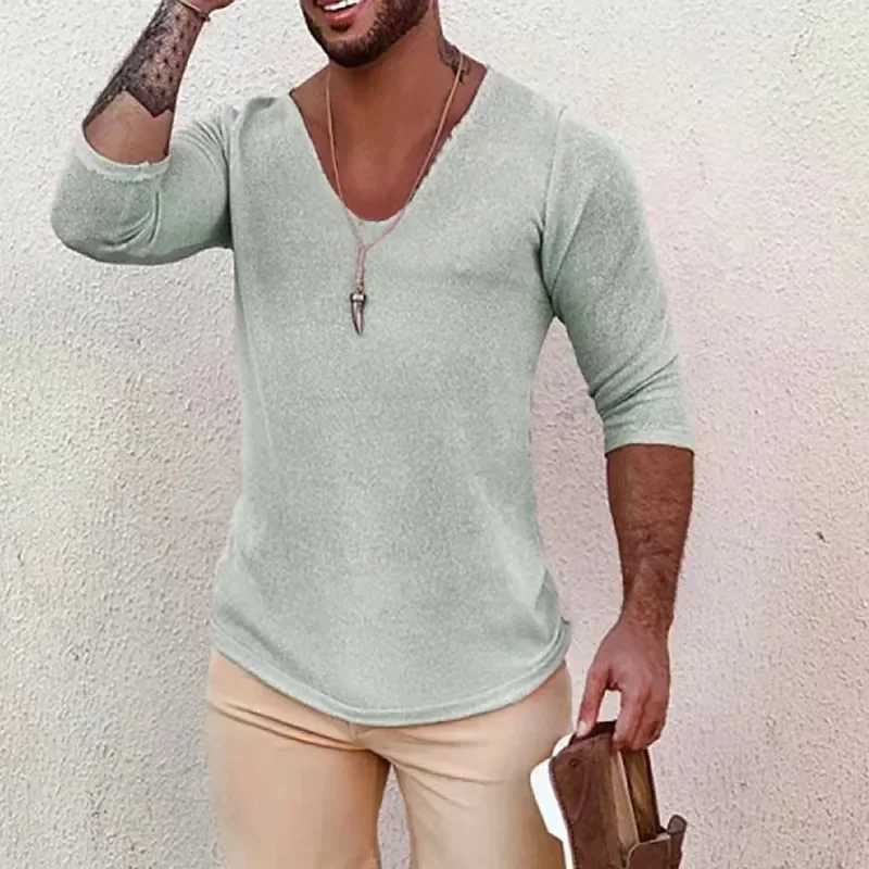 High Quality mens solid V-neck long Sve knitted plow spring and summer thin ultra-thin sweater casual mens clothing knitted top T241111