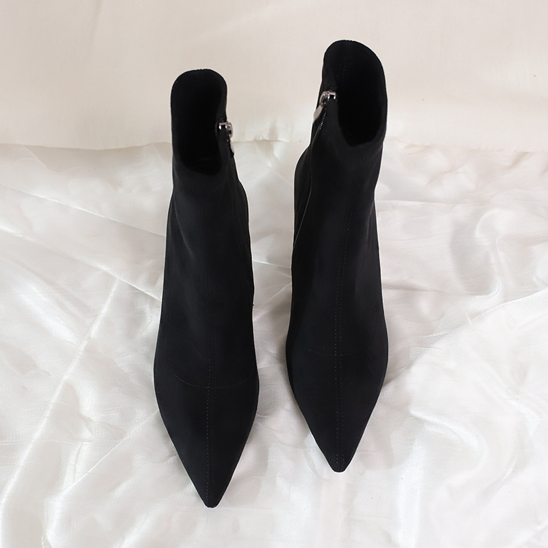 Suede Pointed Toe High Heels Short Winter Boots for Women, Black Khaki a130