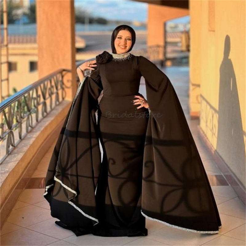 Moroccan Dubai Black Evening Dress With Beaded Sequin Elegant Islamic Muslim Prom Dress Mermaid Formal Party Special Occasion Dress Robe De Mariage Ve