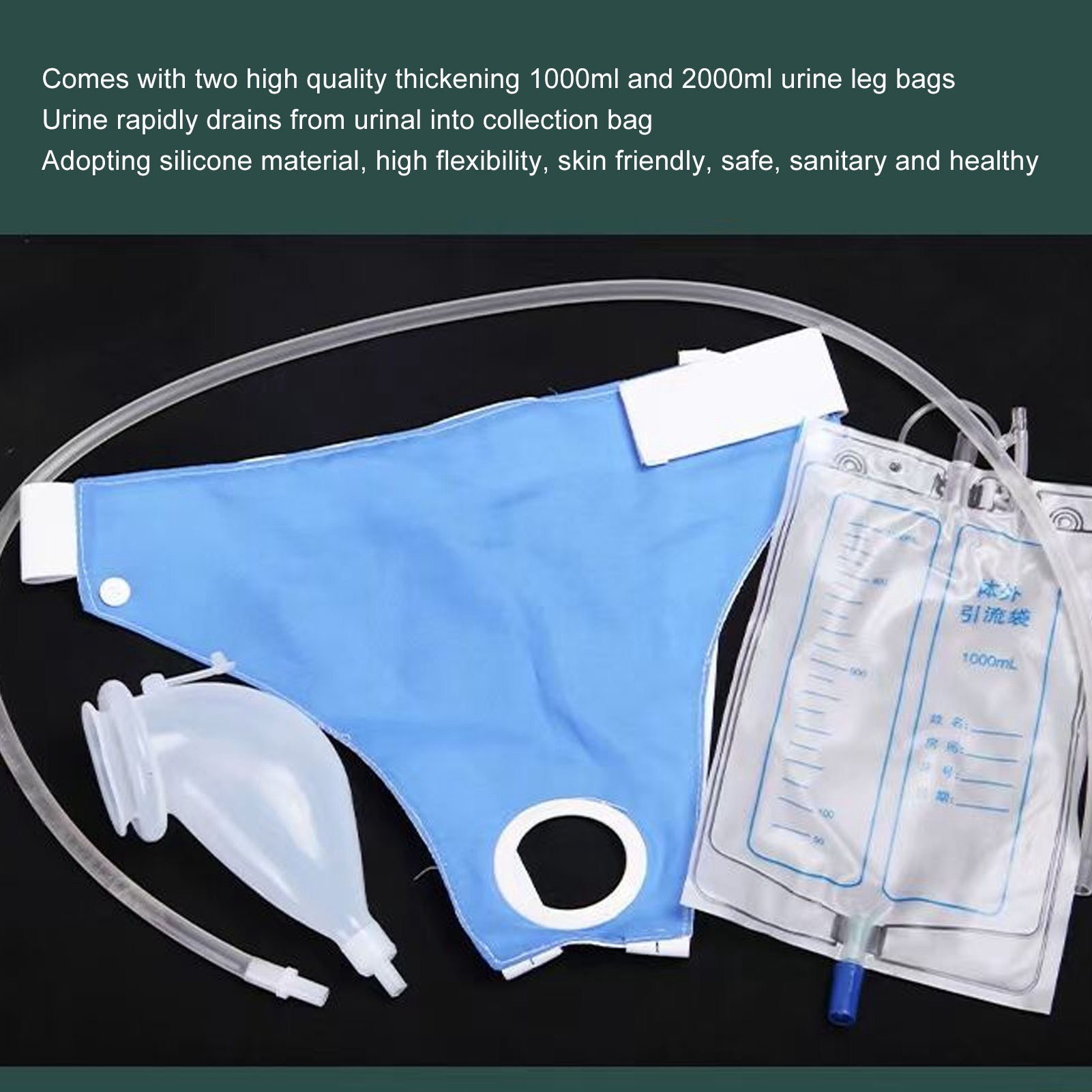 Men Wearable Urine Drainage Bag Silicone Urinal Collector Pee Holder with Catheter 1000ML 2000ML for Male Incontinence Bedridden