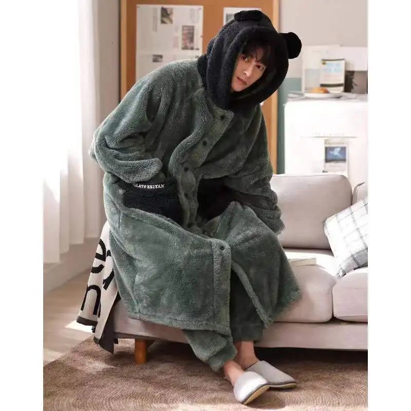 Coral Fleece Nightgown Mens Winter Plus Size Suit Thicken Warm Bathrobe Fashion Male Pama Set Robes Sets 241111 B3