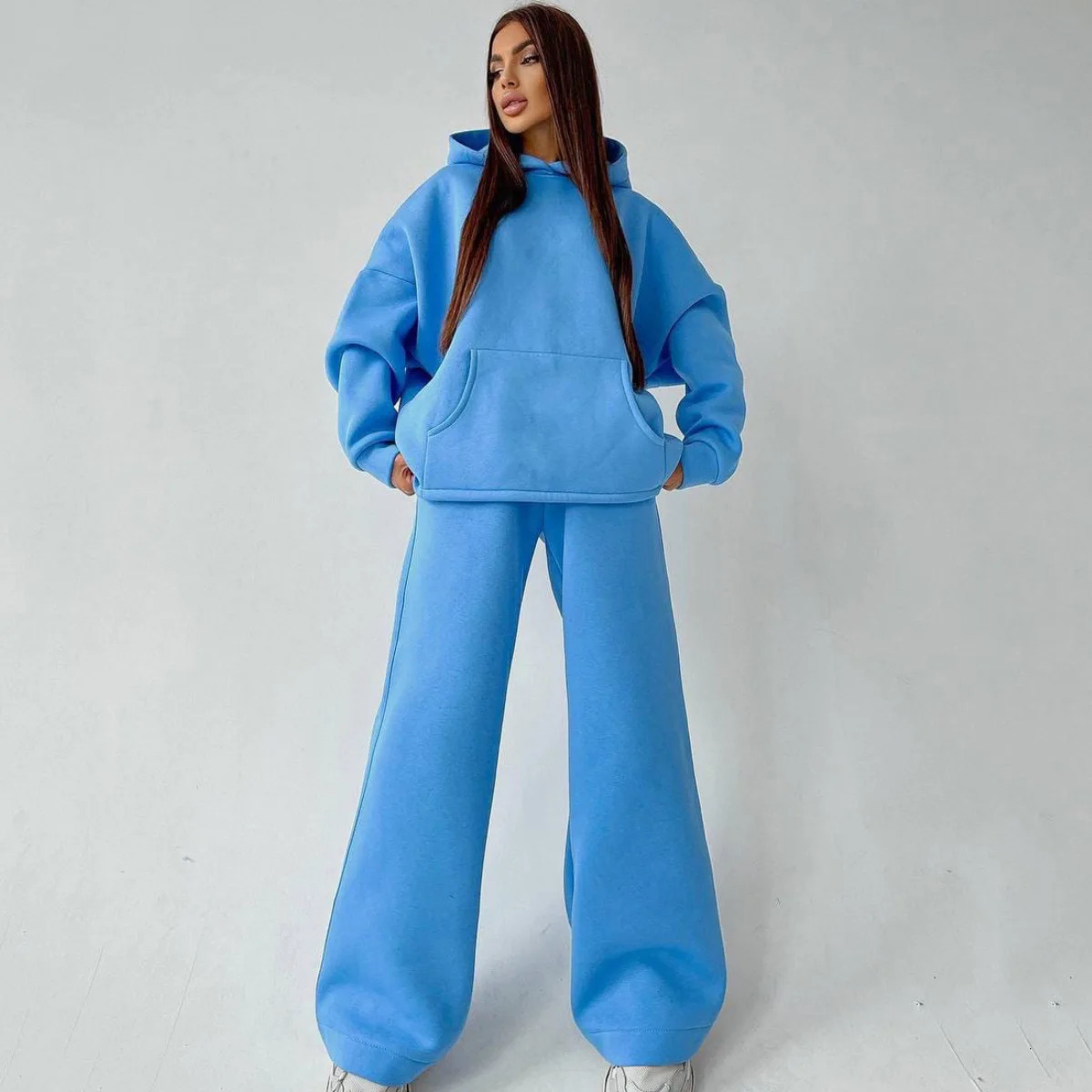 Womens Two Piece Outfits Lounge Sets Oversized Hoodies Autumn Fashion Sweat Suits Wide Leg Sweatpants With Pockets 241111