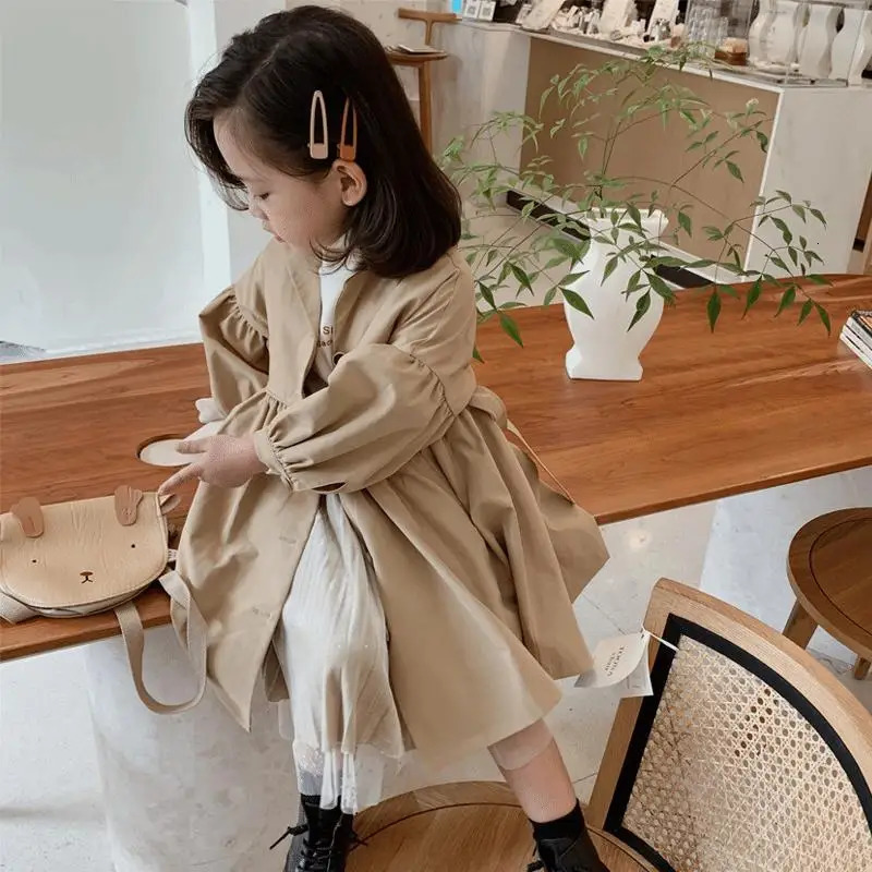 Spring Autumn Korean Fashion Children Windbreaker Jacket Kids Girls Khaki Trench Coat Outerwear Coats Princess Jackets For Girls 241111
